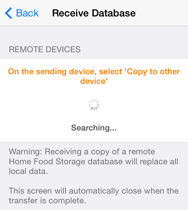 Receive Database screen