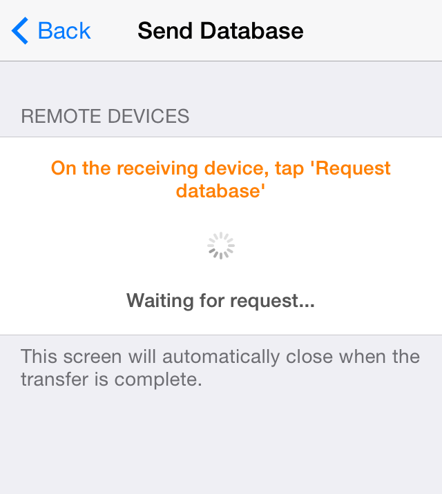 Send Database screen